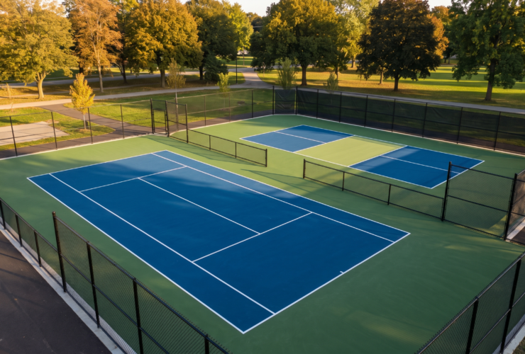 Finished tennis court in blue and green acrylic coating next to a pickleball court with a contrasting kitchen zone in an Ontario setting
