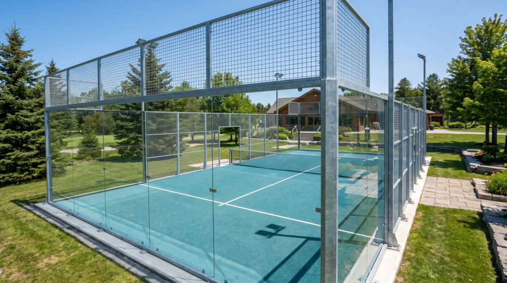 Finished outdoor padel court with tempered glass walls and mesh enclosure at an Ontario sports facility