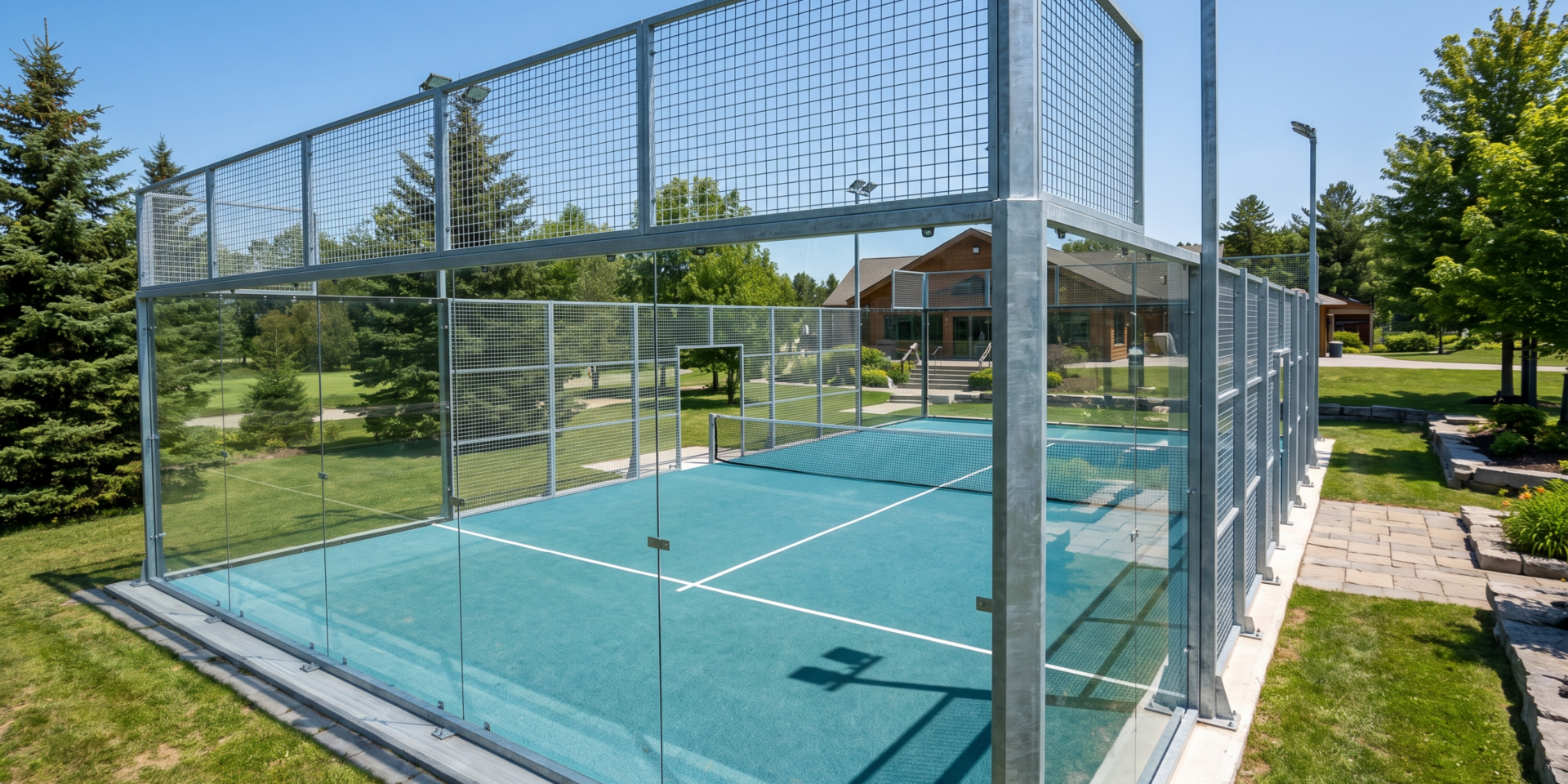 Finished outdoor padel court with tempered glass walls and mesh enclosure at an Ontario sports facility