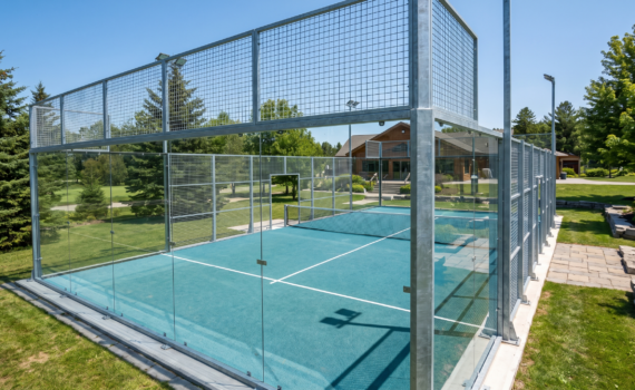 Finished outdoor padel court with tempered glass walls and mesh enclosure at an Ontario sports facility