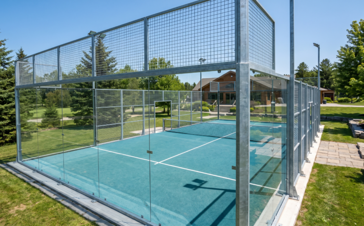 Finished outdoor padel court with tempered glass walls and mesh enclosure at an Ontario sports facility