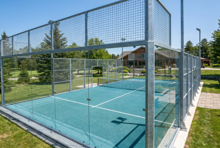 Finished outdoor padel court with tempered glass walls and mesh enclosure at an Ontario sports facility