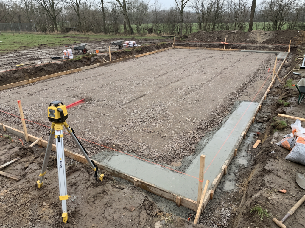 Excavated and graded site with laser grading equipment set up for a padel court foundation