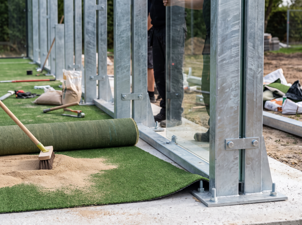 Close-up of a padel court steel frame and tempered glass wall panel being installed with synthetic turf nearby