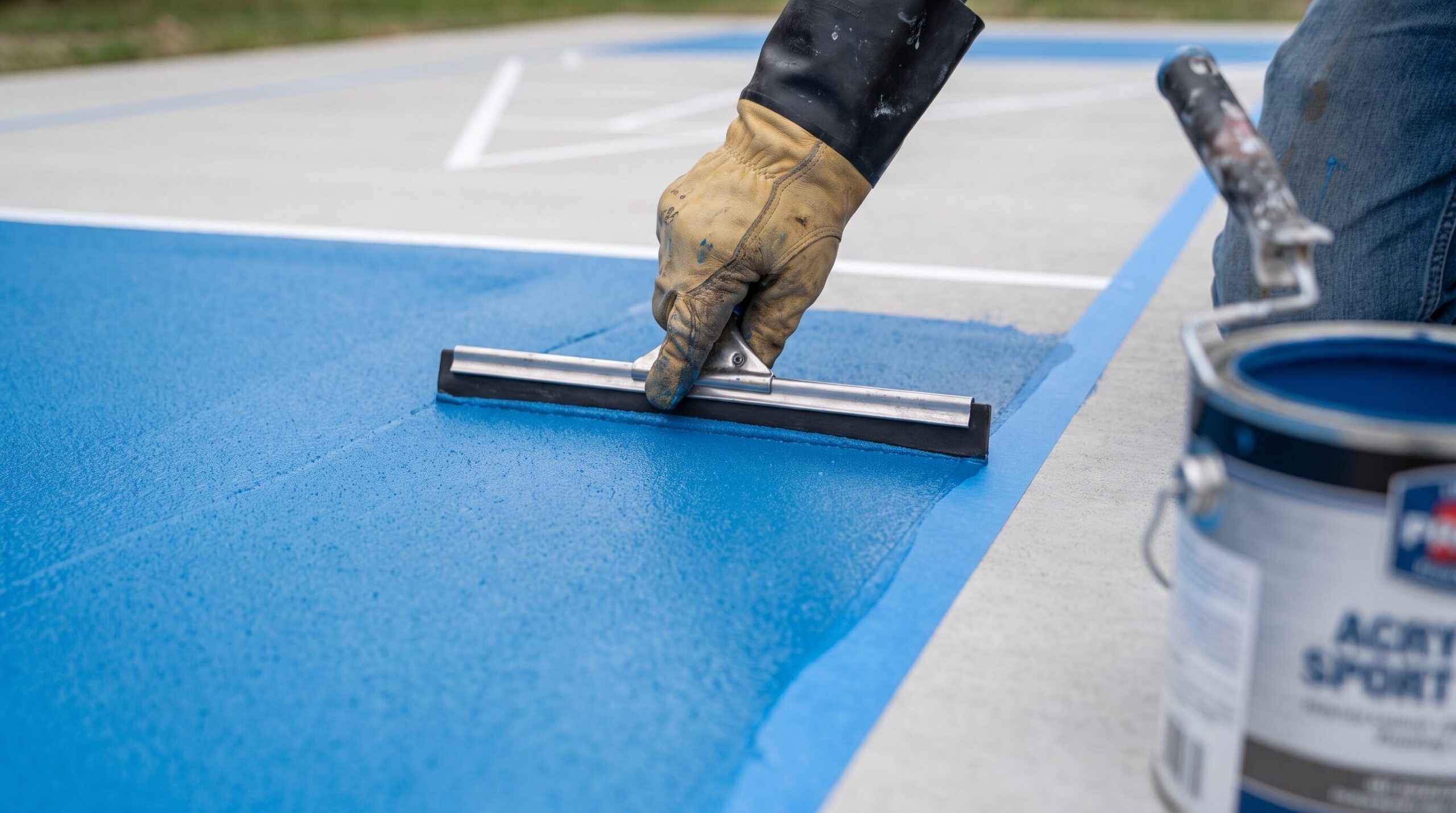 Contractor applying acrylic coating to a shuffleboard court surface with a squeegee