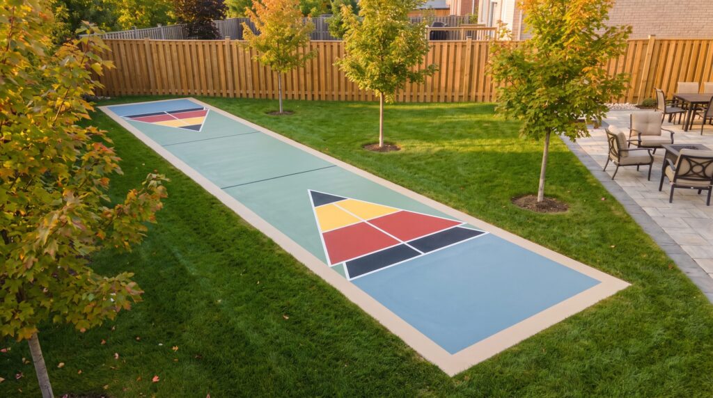 A newly finished outdoor shuffleboard court with an acrylic-coated surface and painted scoring zones in an Ontario backyard