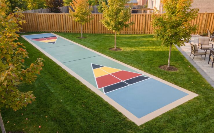 A newly finished outdoor shuffleboard court with an acrylic-coated surface and painted scoring zones in an Ontario backyard