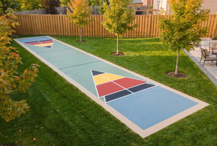 A newly finished outdoor shuffleboard court with an acrylic-coated surface and painted scoring zones in an Ontario backyard
