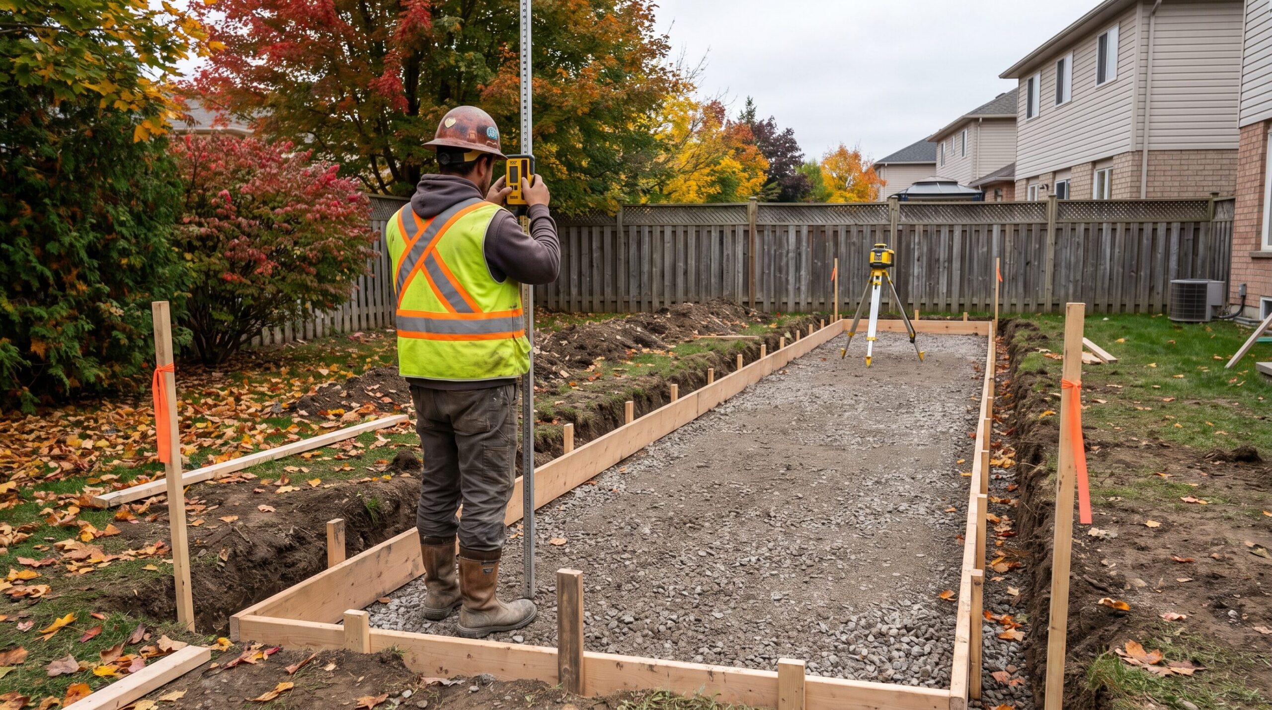 Laser-guided grading equipment setting the base grade for a shuffleboard court in an Ontario backyard