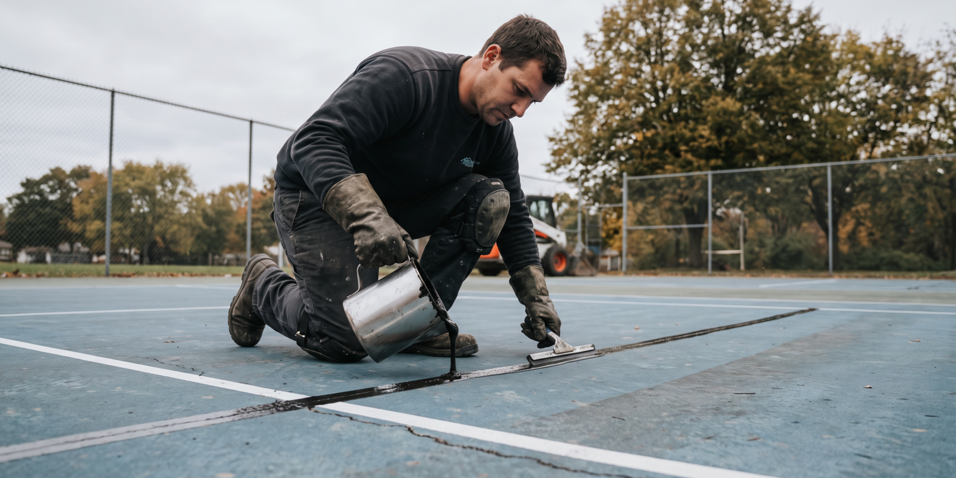 Contractor applying dark elastomeric crack sealant into a routed crack on an outdoor asphalt tennis court