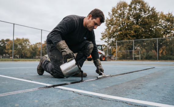 Contractor applying dark elastomeric crack sealant into a routed crack on an outdoor asphalt tennis court