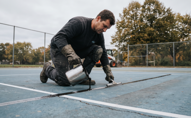 Contractor applying dark elastomeric crack sealant into a routed crack on an outdoor asphalt tennis court