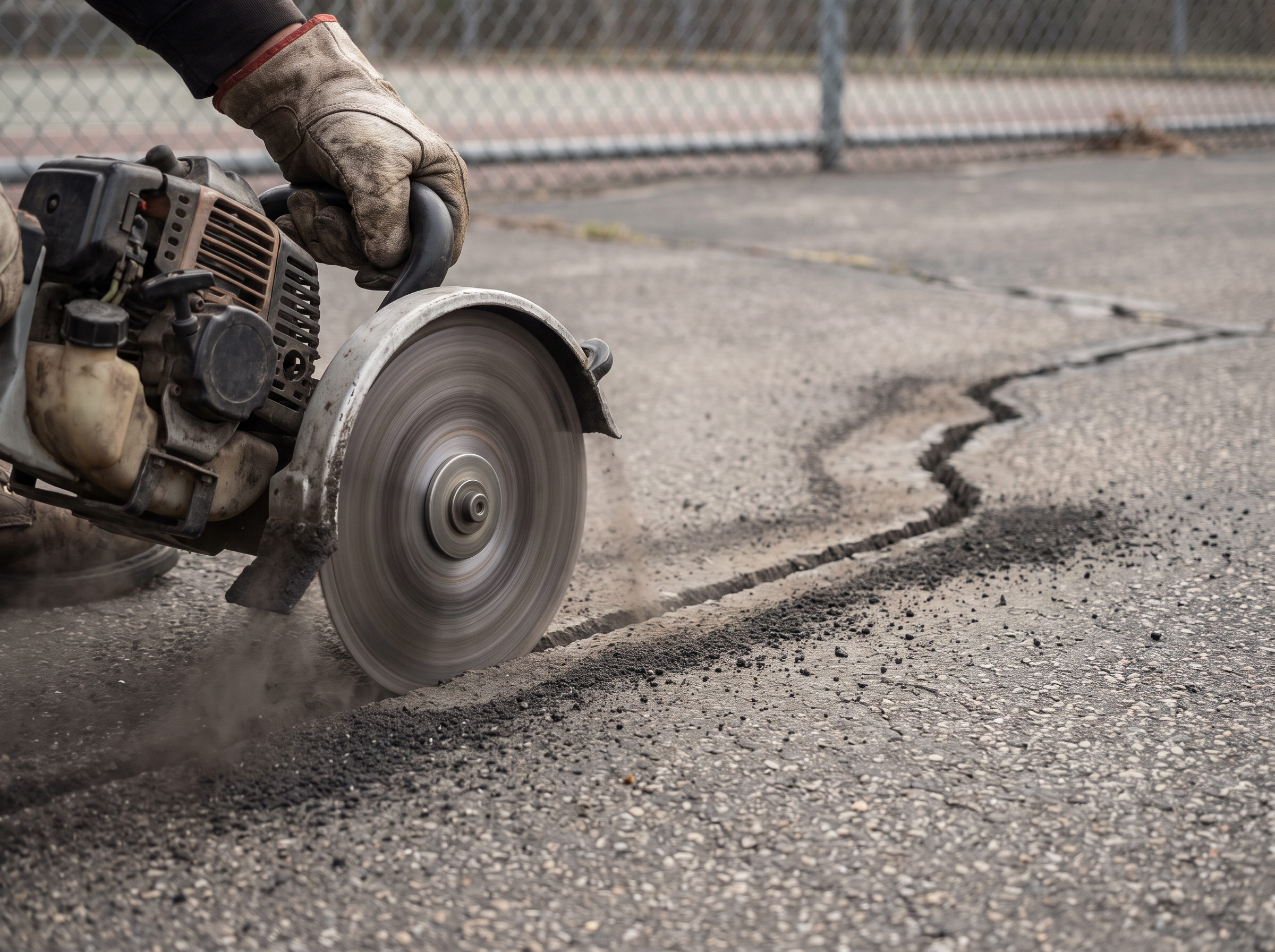 Gas-powered crack routing saw cutting a clean groove along a crack in an asphalt sport court