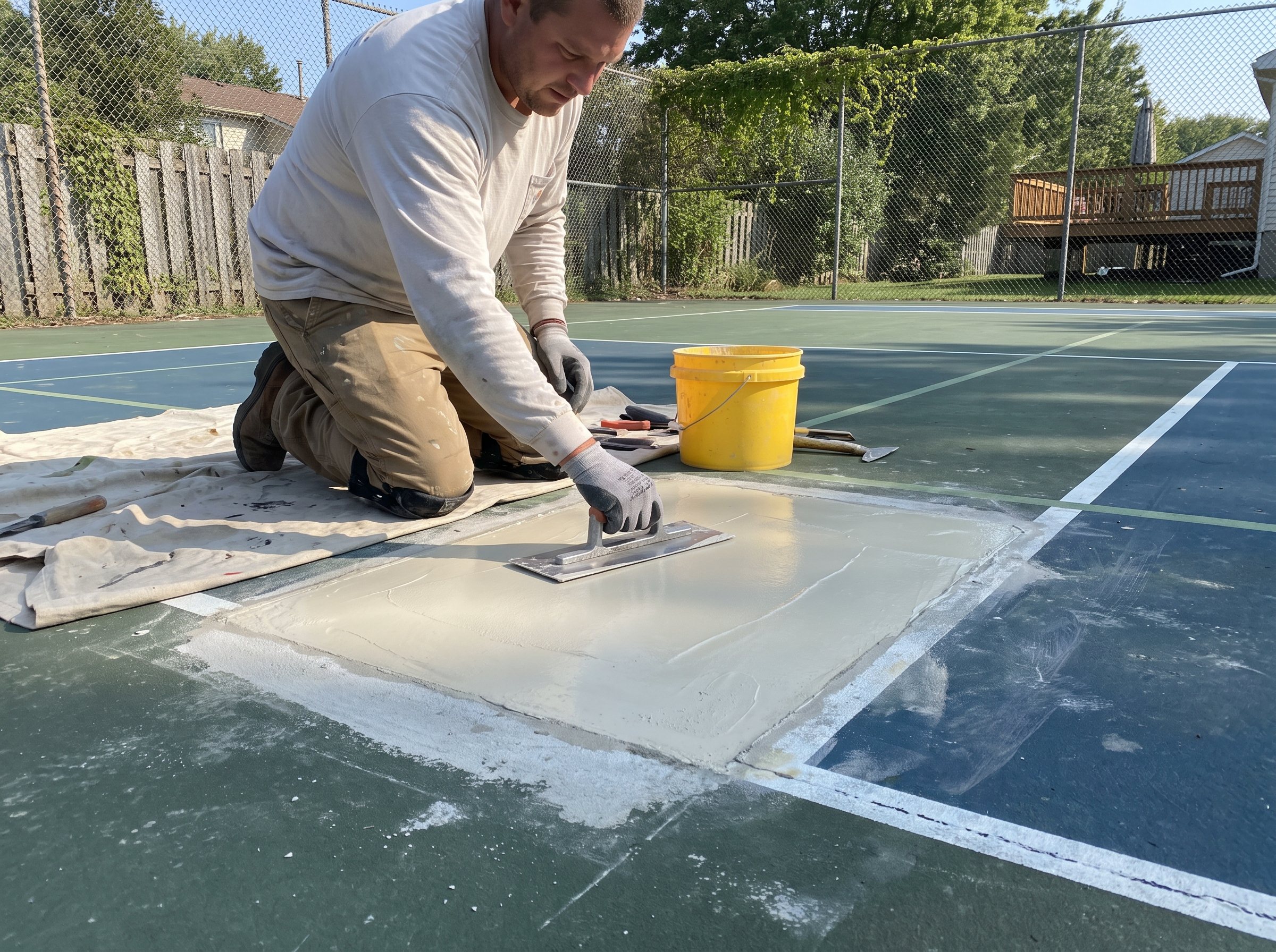 Contractor troweling acrylic patch compound over a repaired section of a multi-sport court before recoating