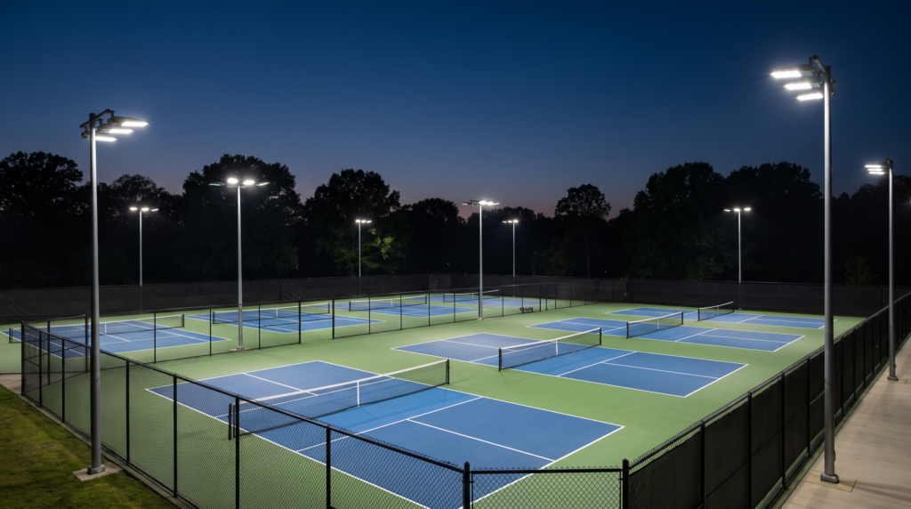 Outdoor tennis and pickleball courts lit by LED floodlights on poles at dusk in Ontario