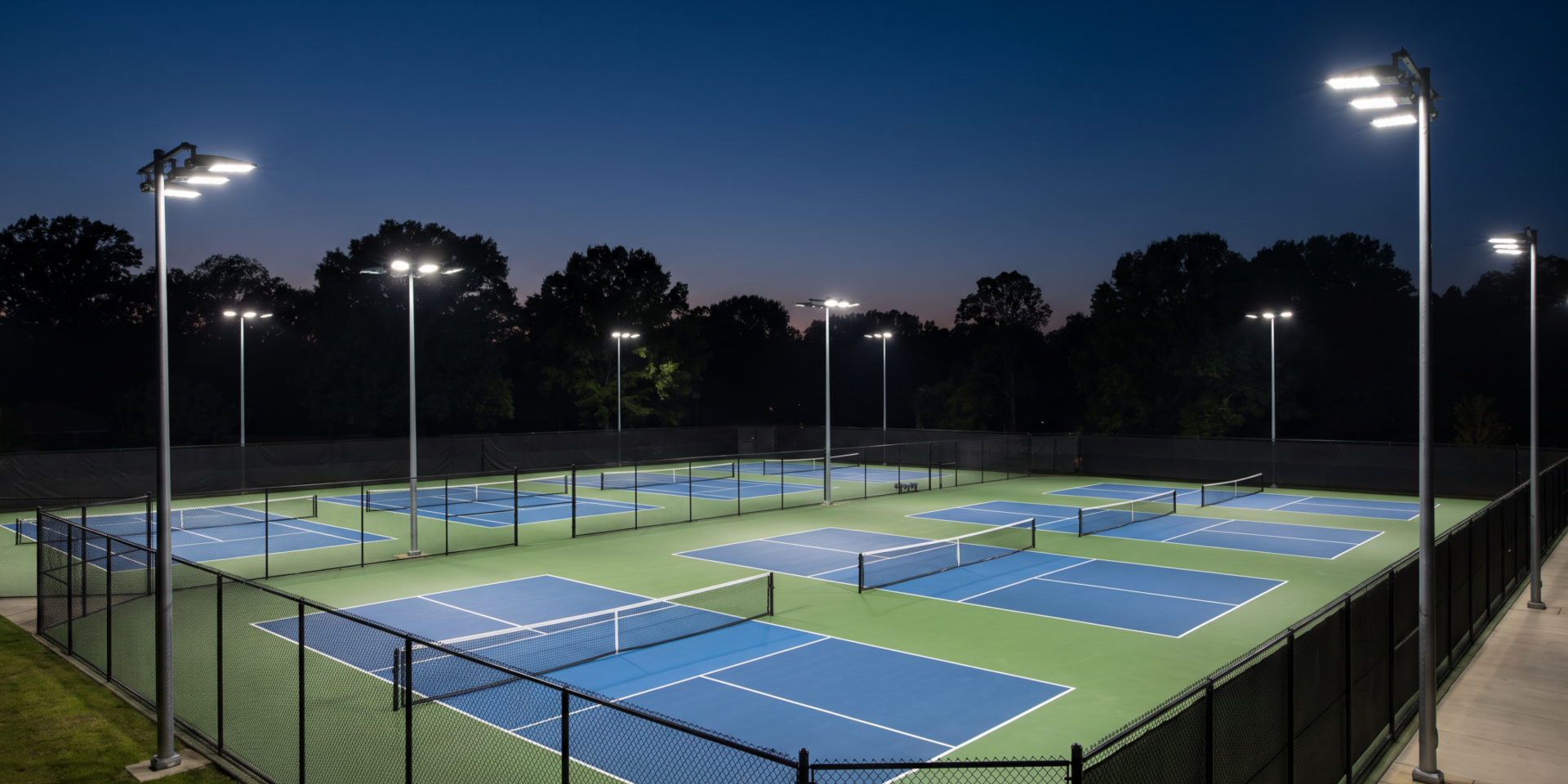 Outdoor tennis and pickleball courts lit by LED floodlights on poles at dusk in Ontario