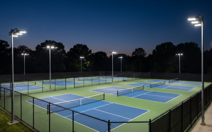 Outdoor tennis and pickleball courts lit by LED floodlights on poles at dusk in Ontario