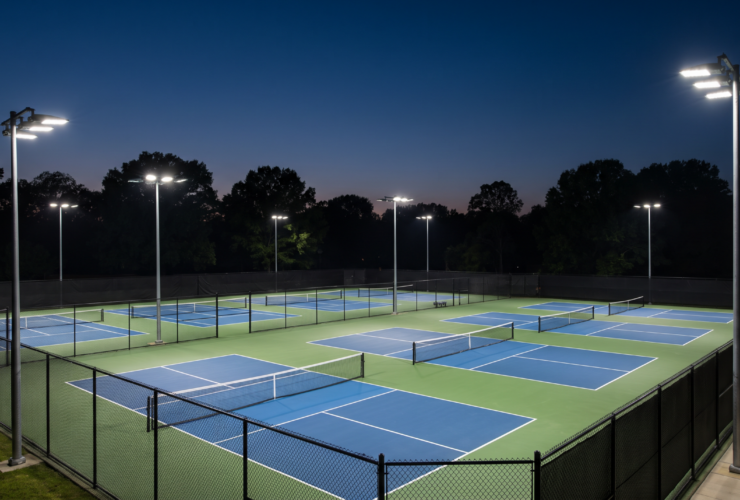 Outdoor tennis and pickleball courts lit by LED floodlights on poles at dusk in Ontario