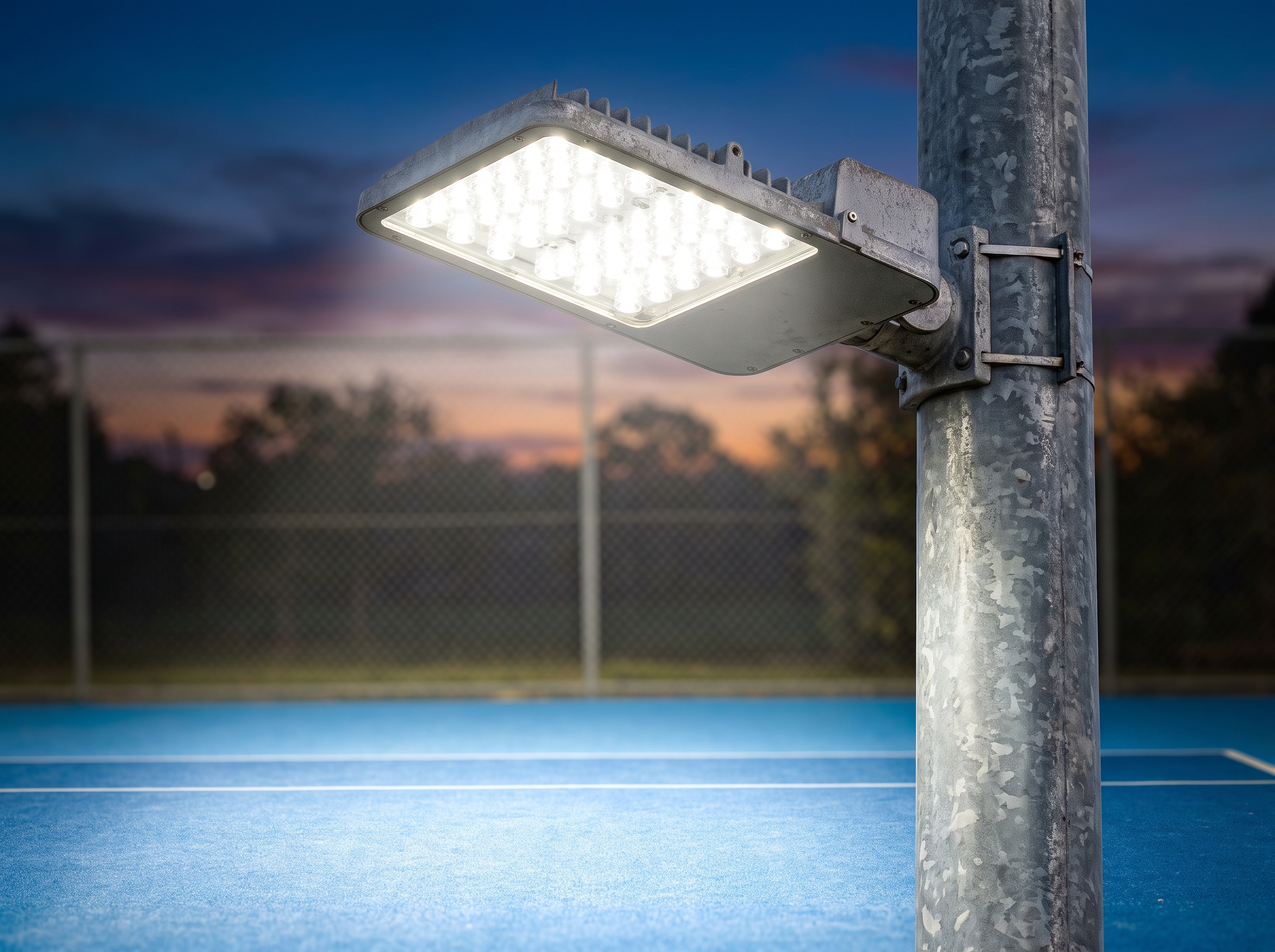 LED sport court floodlight fixture mounted on a pole beside an Ontario tennis court at dusk