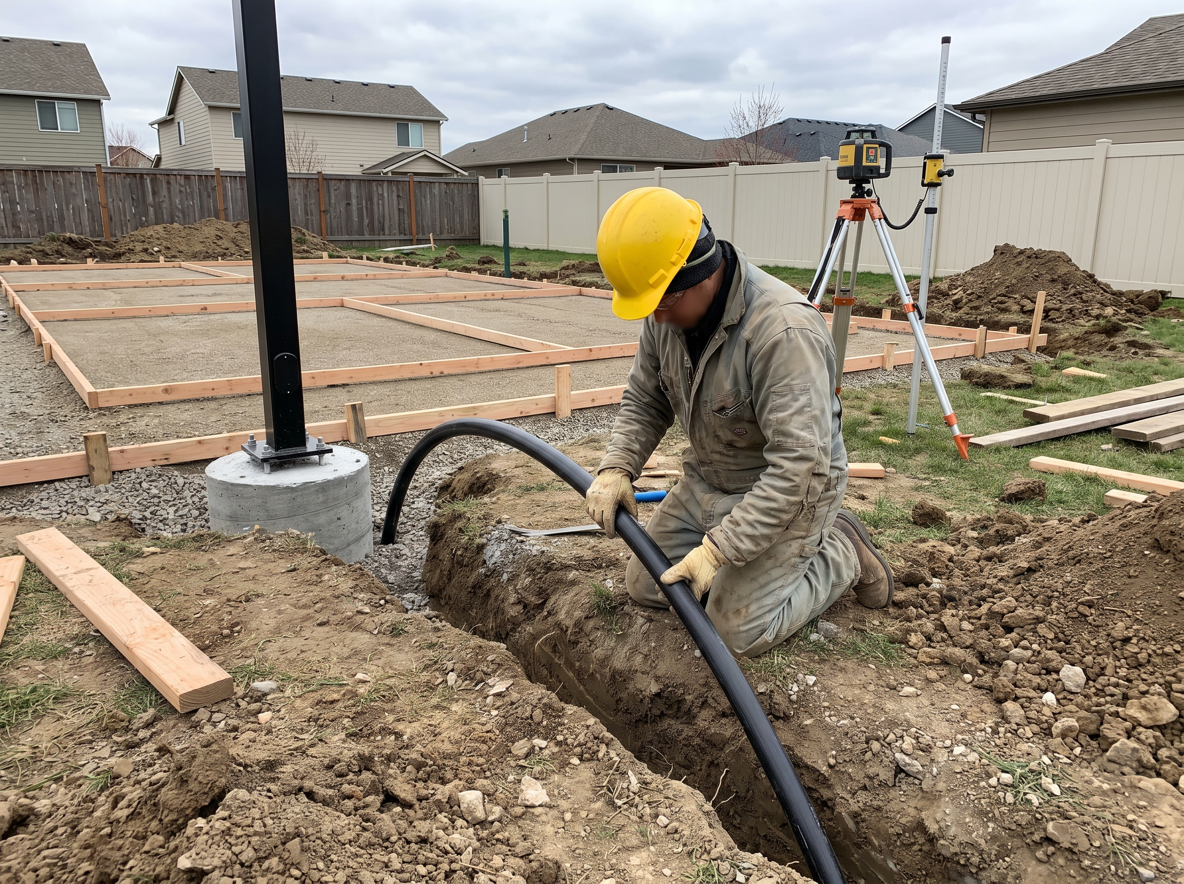 Electrician and contractor running underground conduit and setting a light pole footing beside a pickleball court during construction