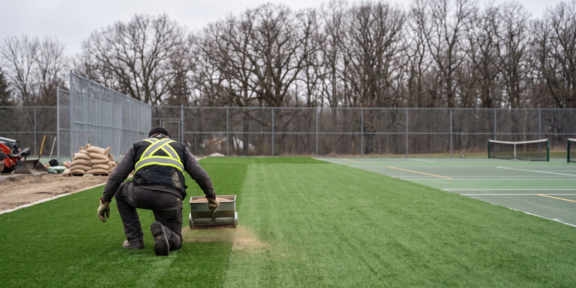 Contractor kneeling on an outdoor artificial turf sports court using a spreader to distribute infill granules