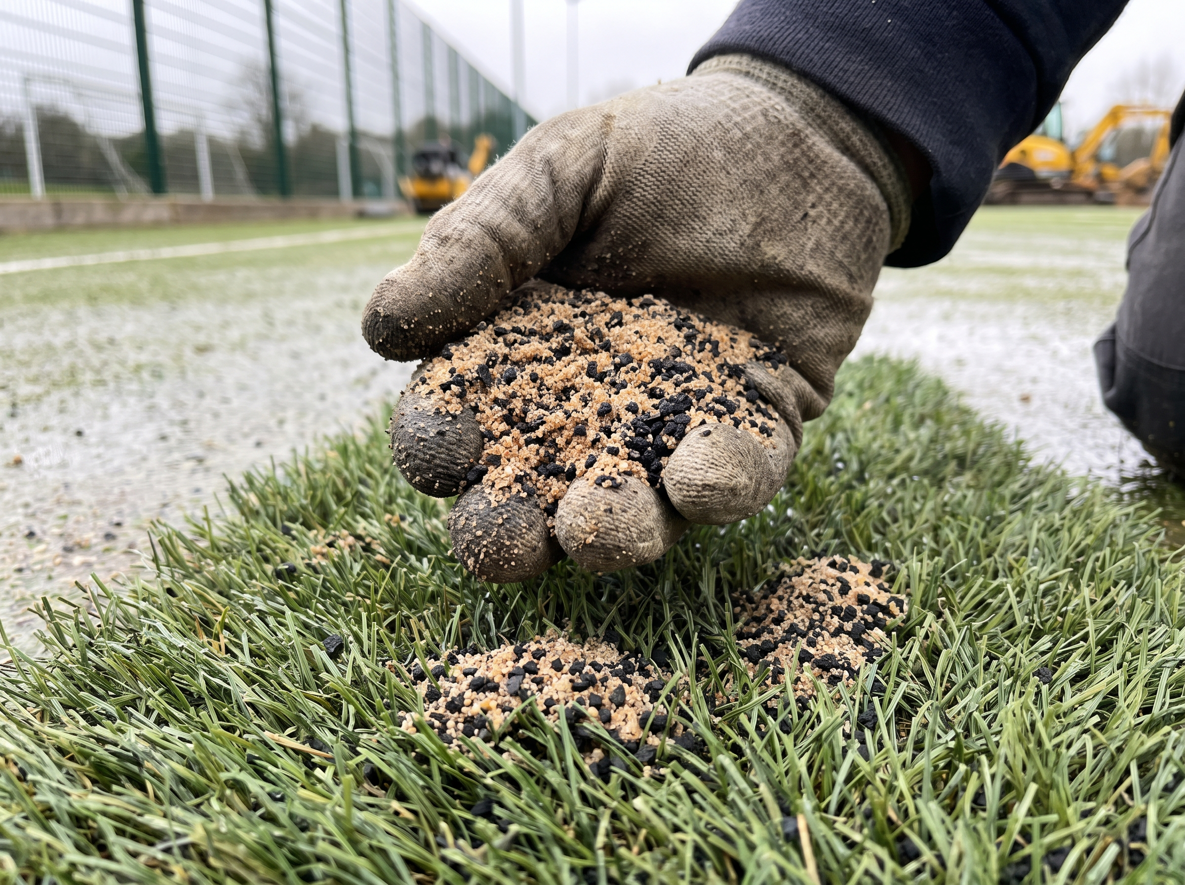 Gloved hand holding a mix of sand and rubber turf infill granules above green synthetic turf fibers