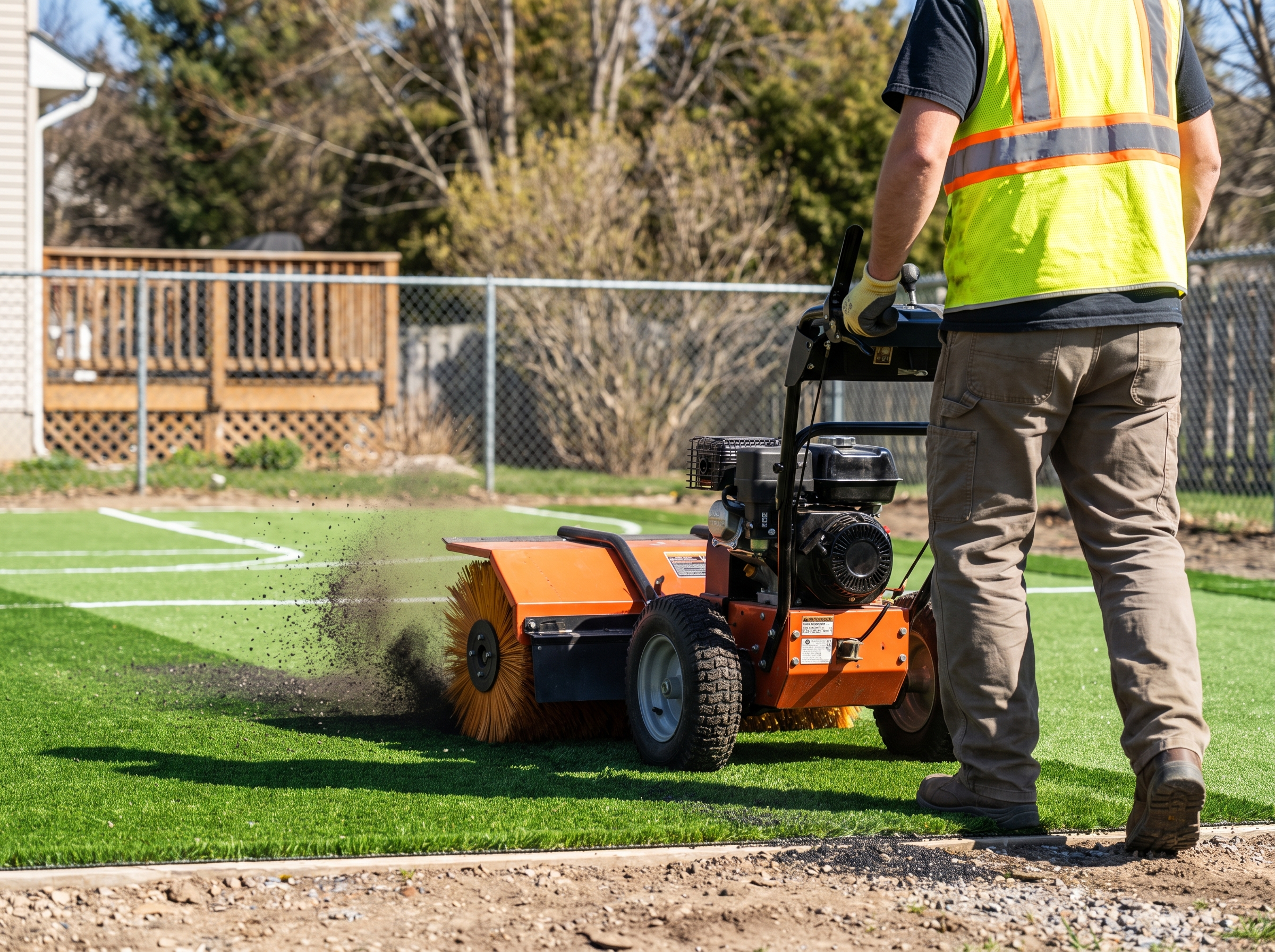 Contractor operating a walk-behind power broom to work infill material into newly installed green artificial turf
