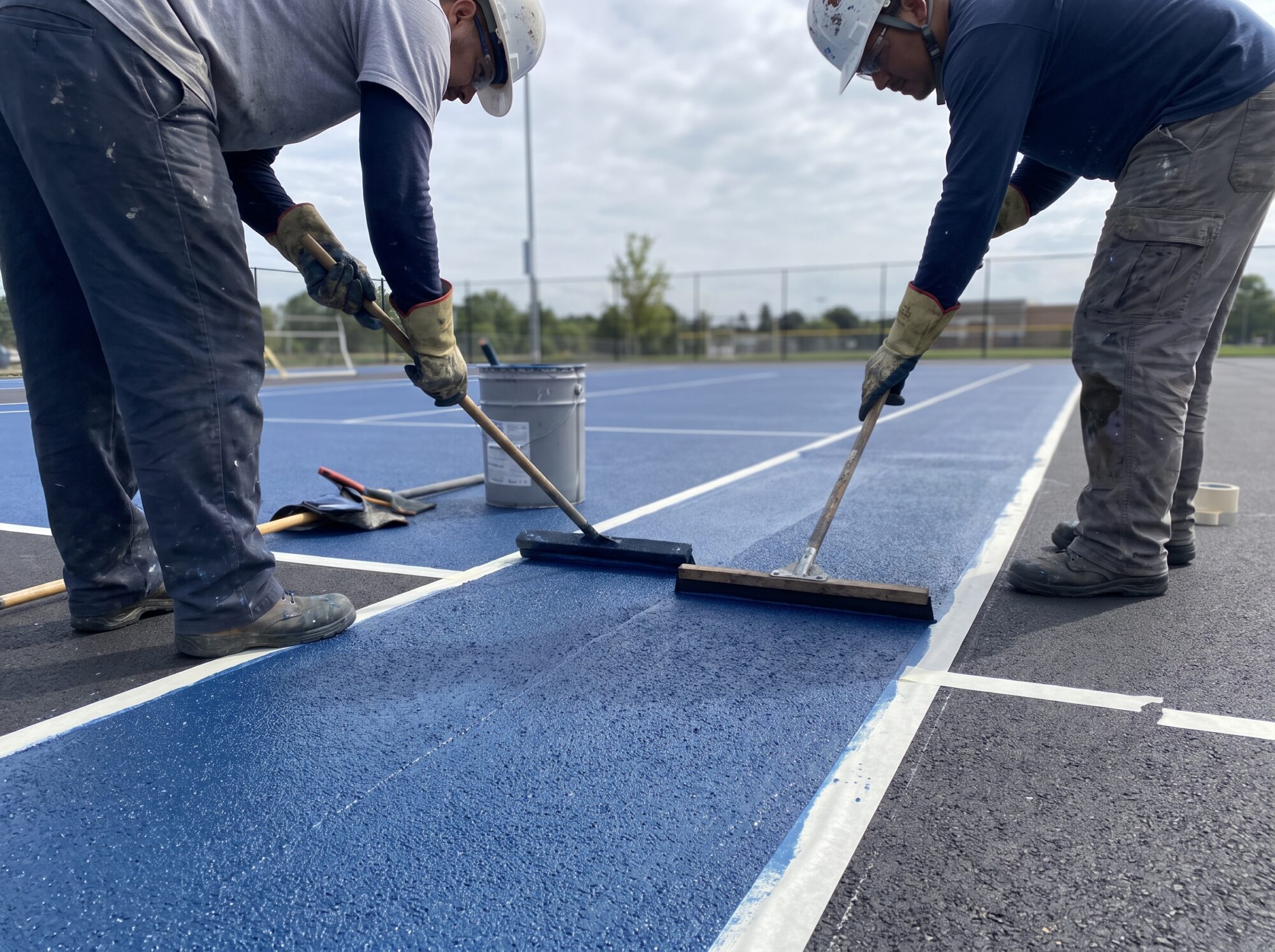 Two contractors squeegee-applying blue acrylic coating with fine sand texture onto a cured asphalt court surface with masking tape for lines