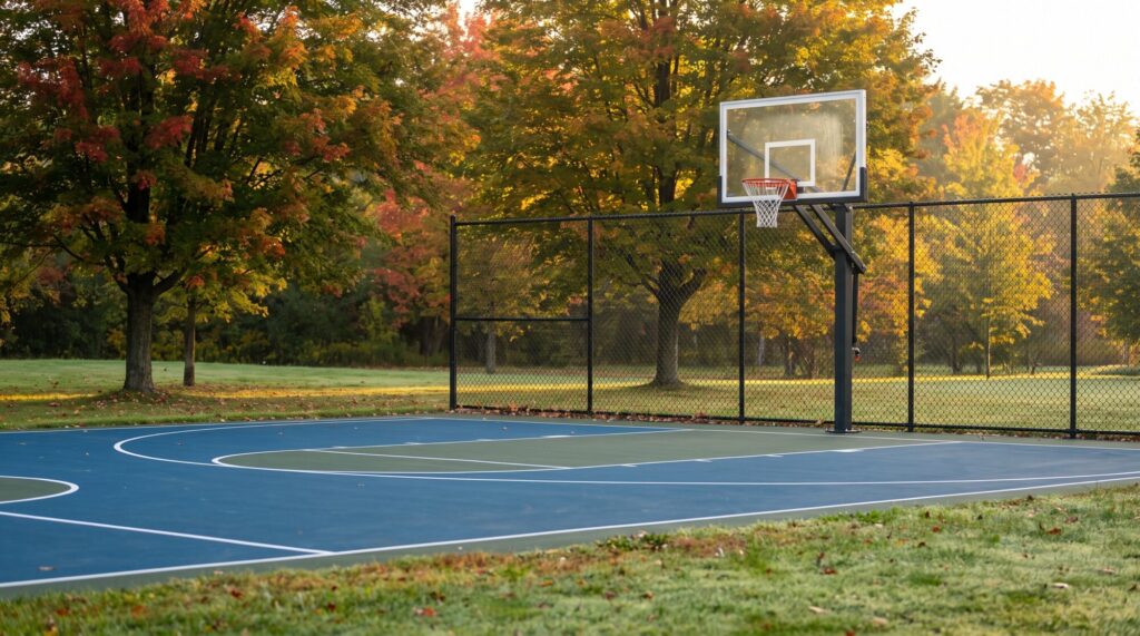 Newly built backyard half-court basketball court with a blue and green acrylic surface, an in-ground hoop pole and black chain-link fence under autumn maples