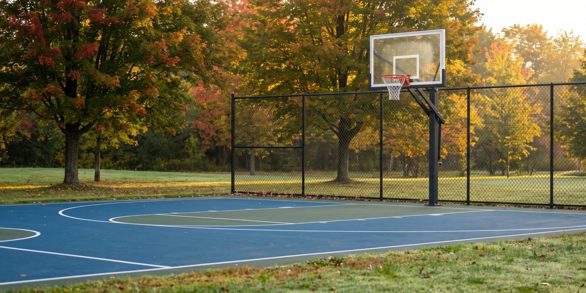 Newly built backyard half-court basketball court with a blue and green acrylic surface, an in-ground hoop pole and black chain-link fence under autumn maples