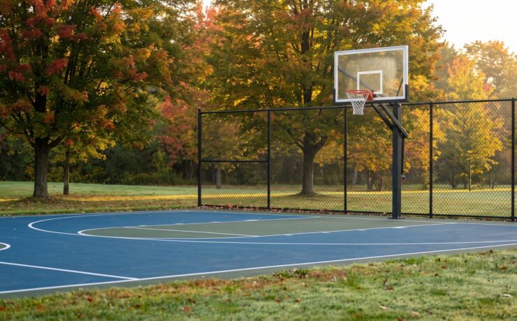 Newly built backyard half-court basketball court with a blue and green acrylic surface, an in-ground hoop pole and black chain-link fence under autumn maples