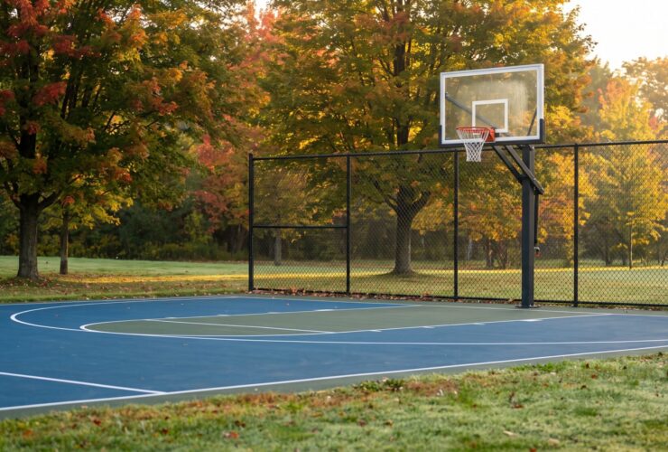 Newly built backyard half-court basketball court with a blue and green acrylic surface, an in-ground hoop pole and black chain-link fence under autumn maples