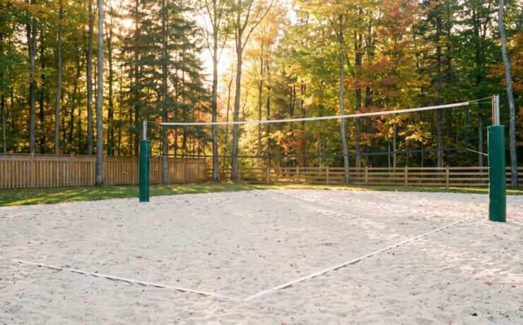 Backyard sand volleyball court with a taut net on padded posts, level sand and maple trees behind a cedar fence in Ontario