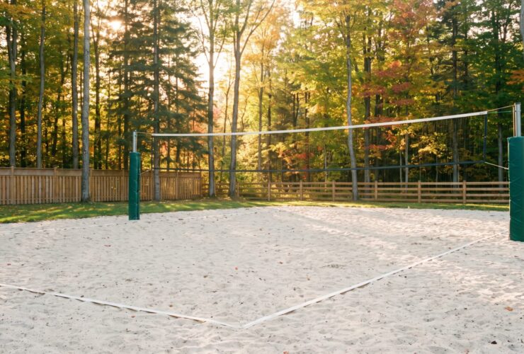 Backyard sand volleyball court with a taut net on padded posts, level sand and maple trees behind a cedar fence in Ontario