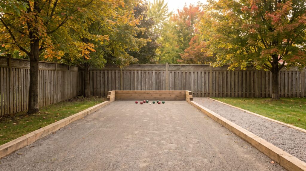 Long narrow backyard bocce court with timber side boards, a fine stone surface and bocce balls beside a cedar fence and maple trees in Ontario