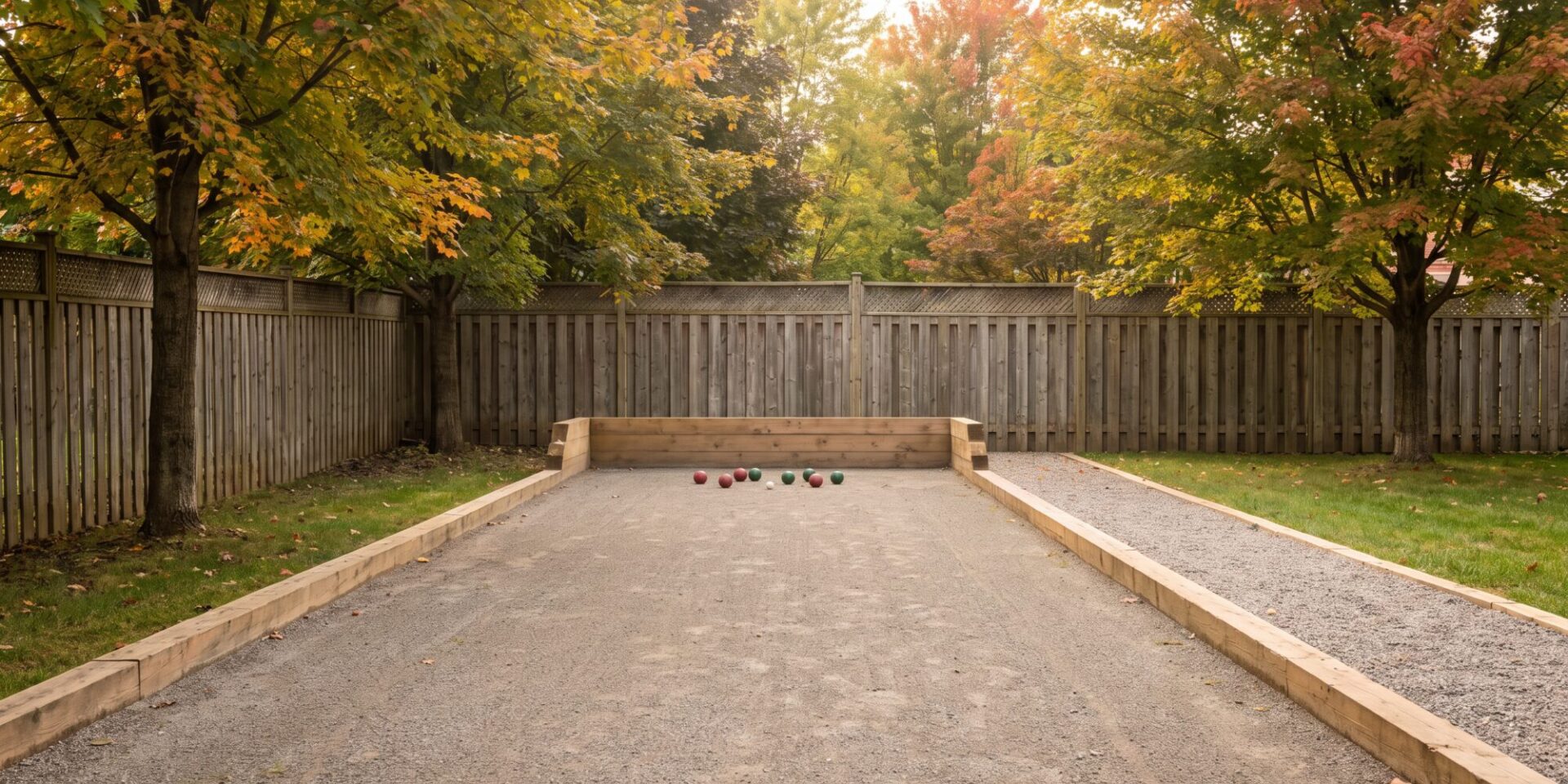 Long narrow backyard bocce court with timber side boards, a fine stone surface and bocce balls beside a cedar fence and maple trees in Ontario