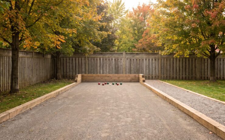 Long narrow backyard bocce court with timber side boards, a fine stone surface and bocce balls beside a cedar fence and maple trees in Ontario