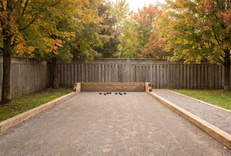 Long narrow backyard bocce court with timber side boards, a fine stone surface and bocce balls beside a cedar fence and maple trees in Ontario
