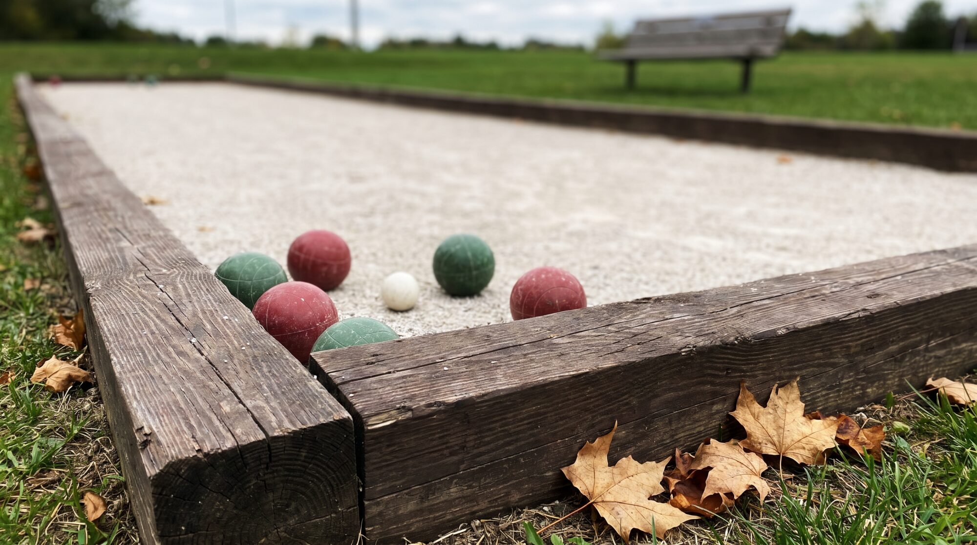 Corner of a bocce court showing the timber end board, side board and bocce balls on a level fine stone surface