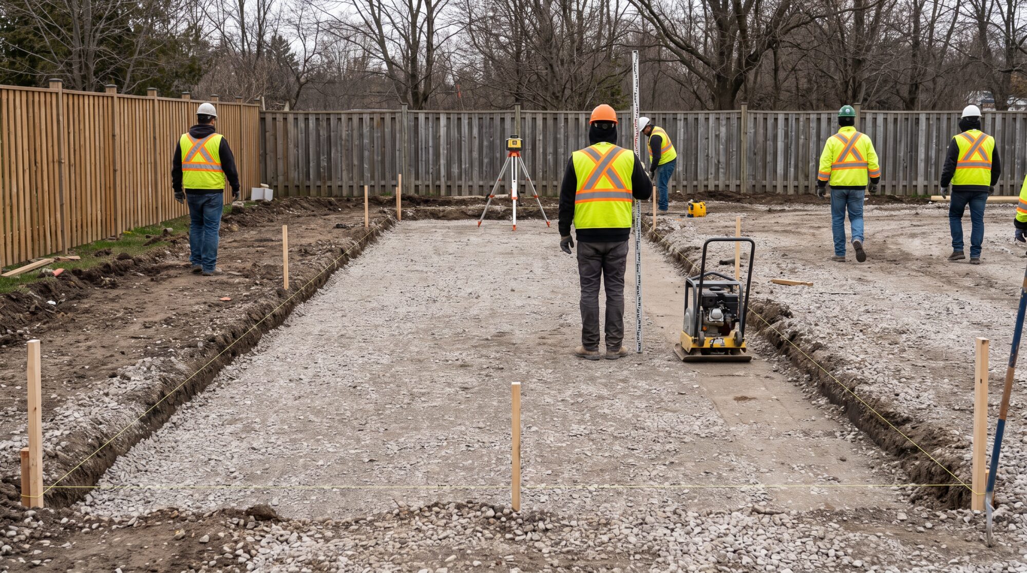 Crew laying out a narrow bocce court with string lines, a laser level and a compacted stone base in an Ontario backyard