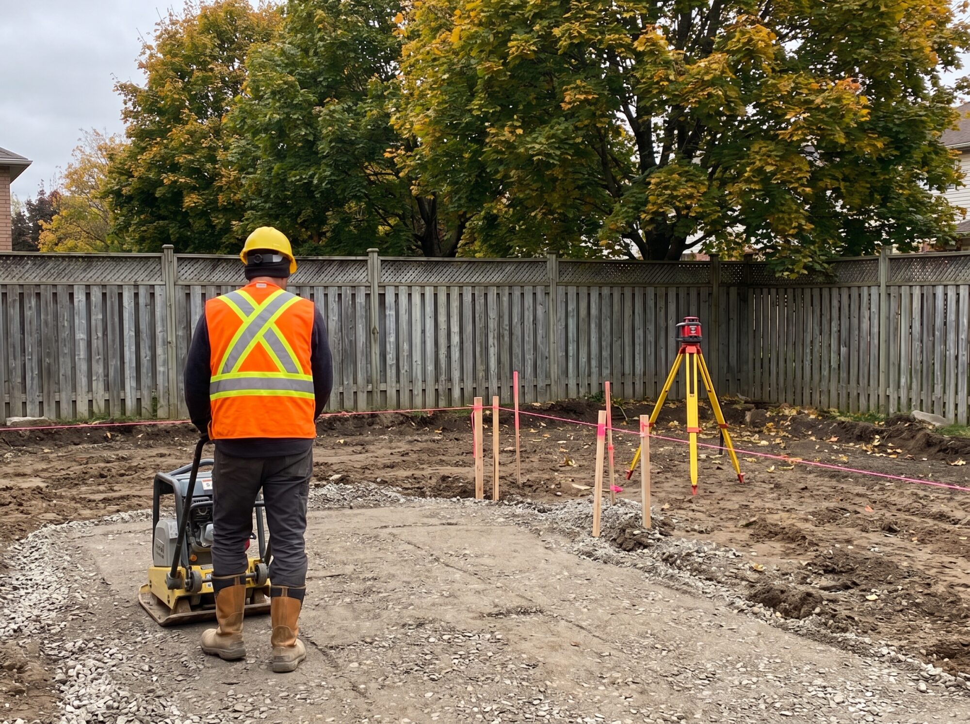 Crew member running a plate compactor over crushed stone base in a backyard court excavation with grade stakes, string lines and a laser level behind