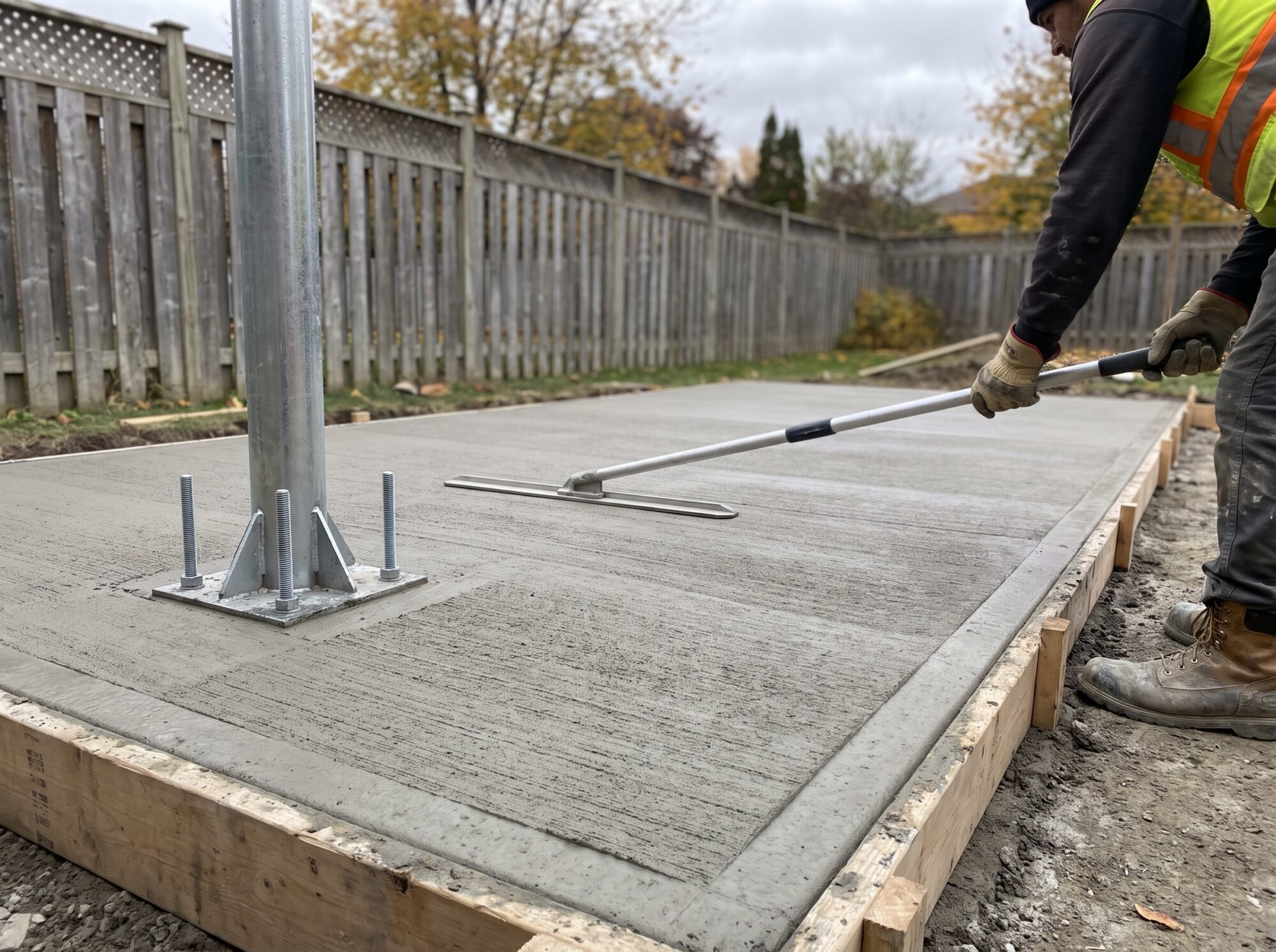 Freshly finished broom-textured concrete slab with edge forms and a hoop pole footing with anchor bolts being floated by a worker in a backyard