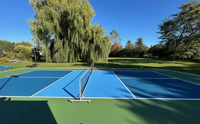 Wide view of a backyard pickleball court with portable net, basketball hoop and willow tree