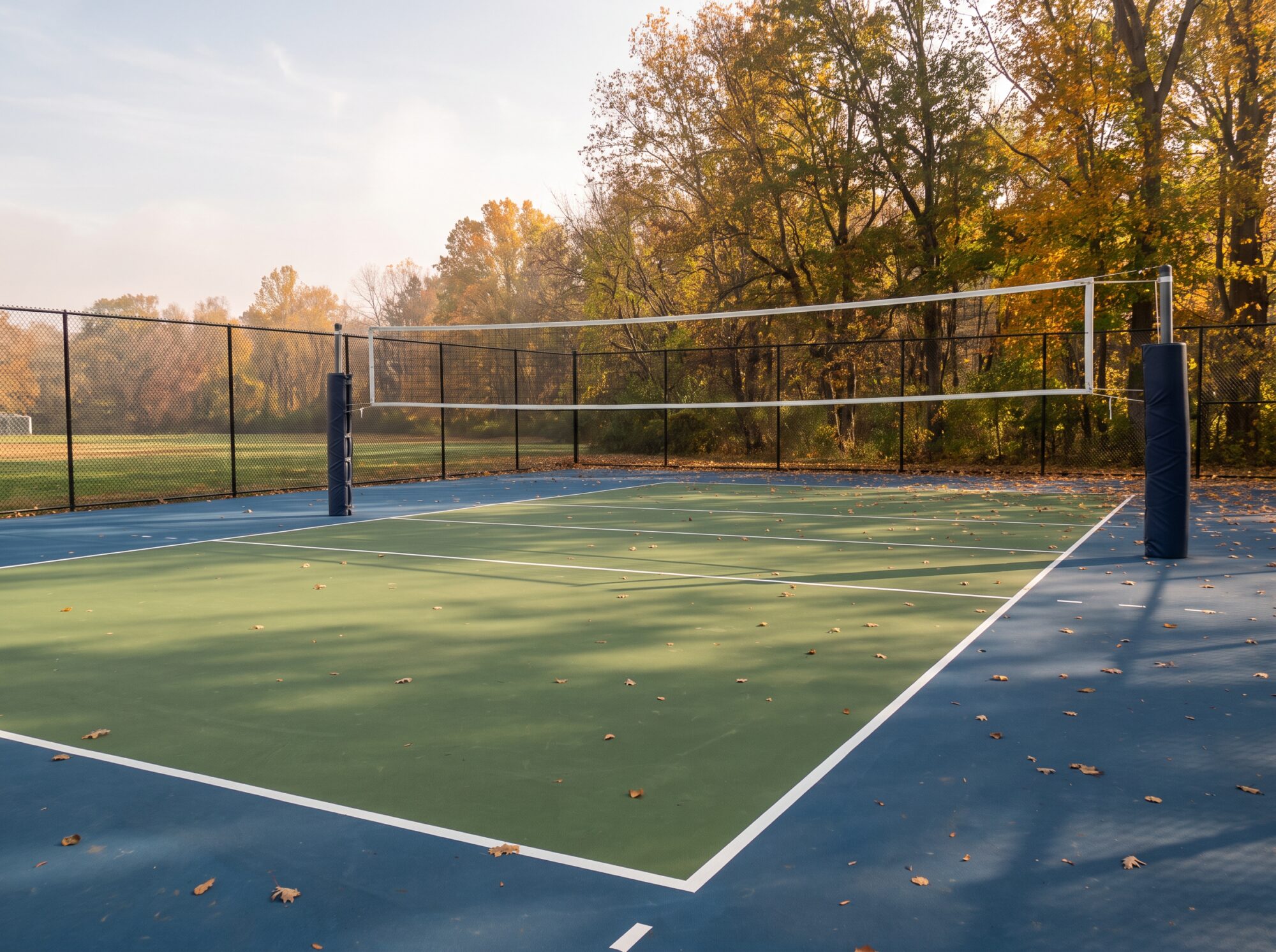 Acrylic-coated hard surface court set up for volleyball with a net on padded posts outside the boundary line and a chain-link fence beyond