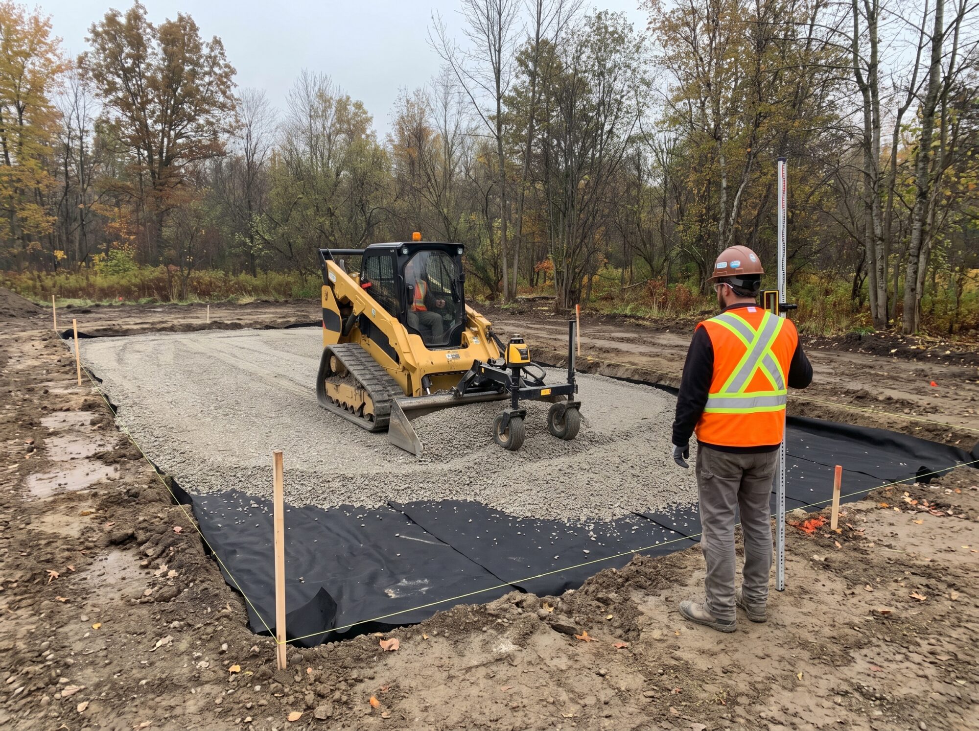 Compact grader spreading compacted crushed stone base over geotextile in an excavated court site while a crew member in a hard hat holds a laser receiver