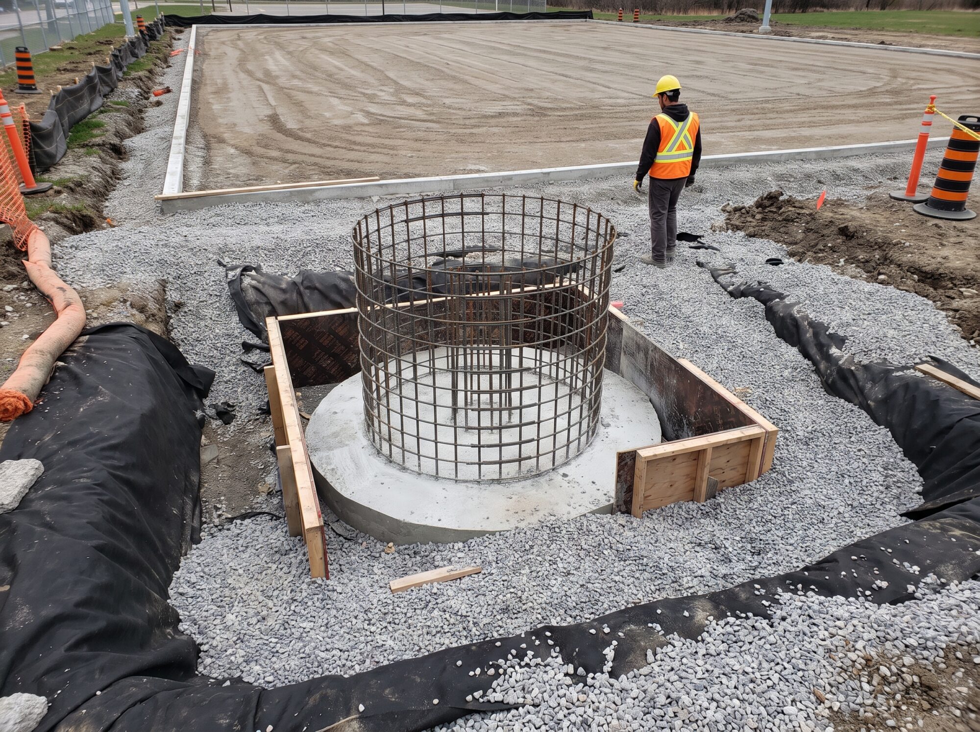 Rebar cage and formed concrete footing for a net post at the edge of a sports court under construction