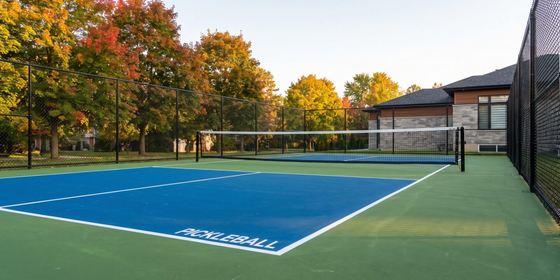 A newly built outdoor pickleball court with a blue and green acrylic surface, permanent net posts and black chain-link fencing beside mature trees in Ontario