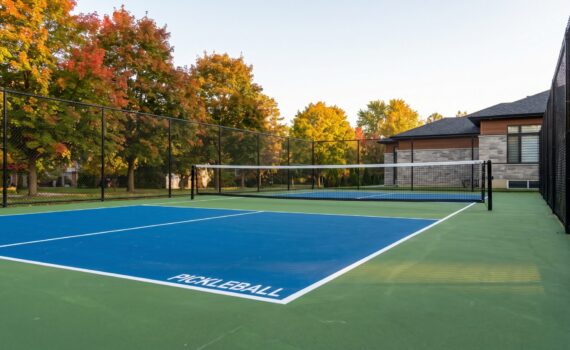 A newly built outdoor pickleball court with a blue and green acrylic surface, permanent net posts and black chain-link fencing beside mature trees in Ontario