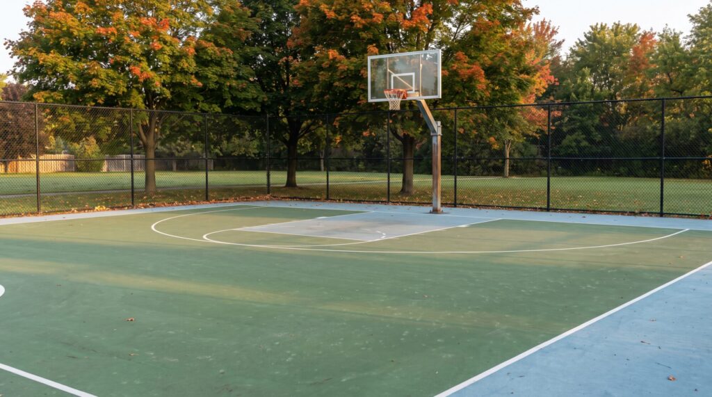 Outdoor acrylic basketball court with a single hoop and black chain-link fence on an autumn morning in Ontario