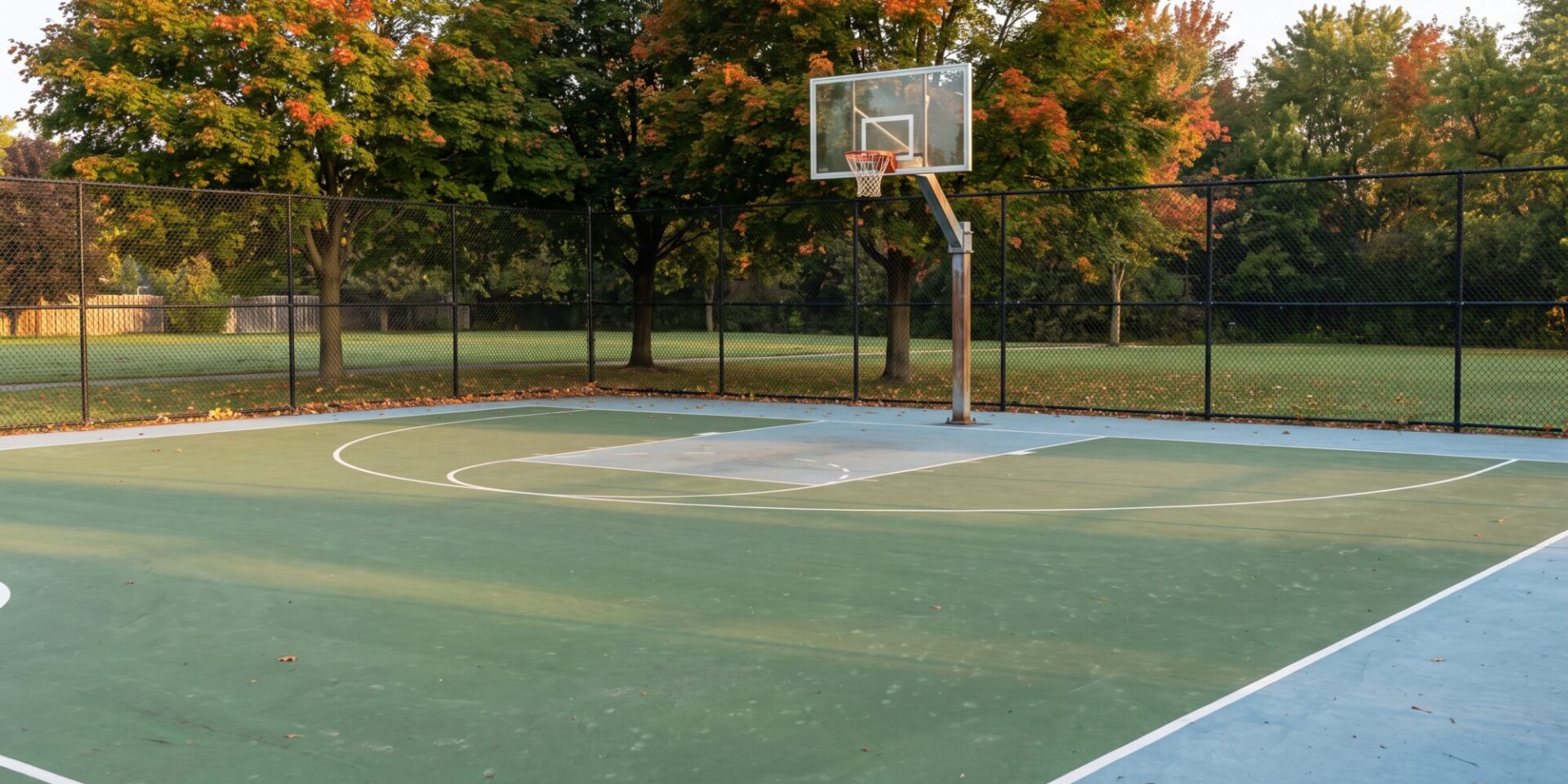 Outdoor acrylic basketball court with a single hoop and black chain-link fence on an autumn morning in Ontario